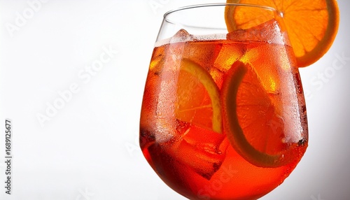 visually striking aperol spritz with orange slices on white background