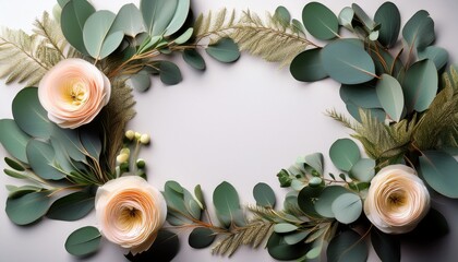 intimate close up shot of a refined eucalyptus and floral frame for elegant designs