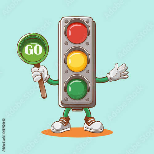 Playful traffic light mascot vector holding a green GO sign on orange background. Flat cartoon, aI generated