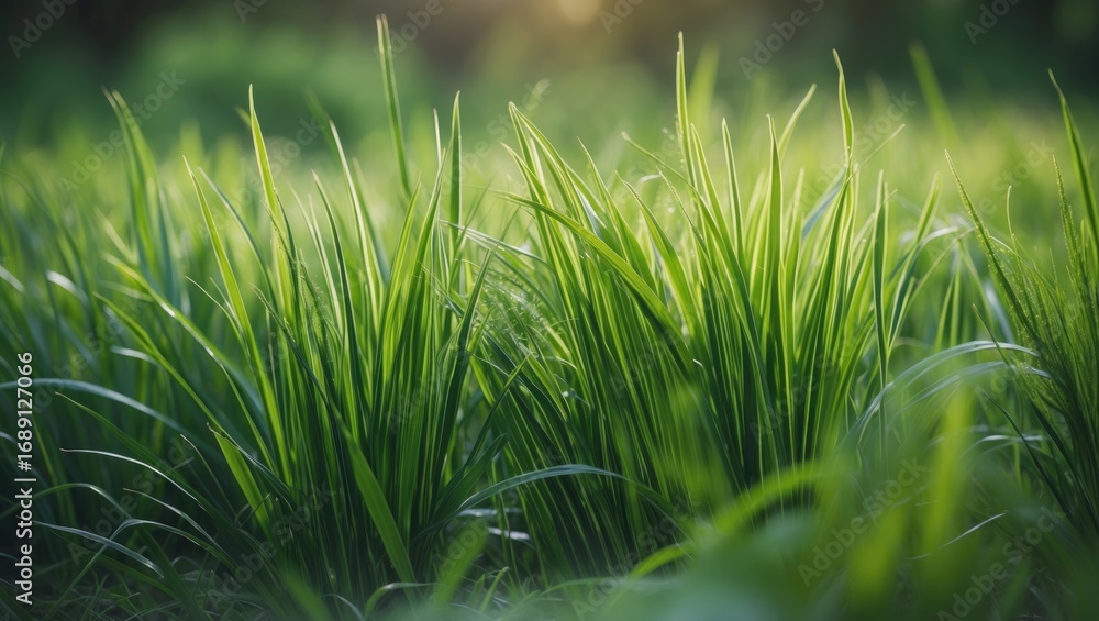 Obraz premium Lush green grass in a field, vibrant and fresh. Nature and vegetation, concept. Growth and sustainability. The concept of nature and plant life.