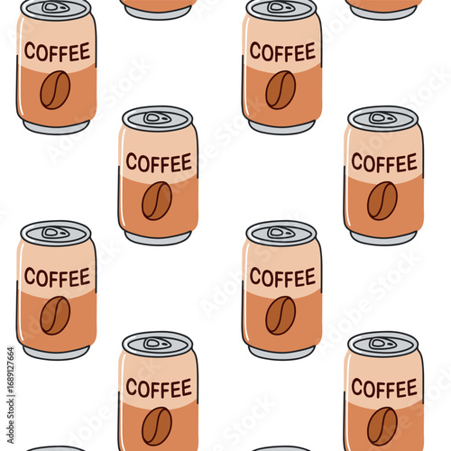 Seamless repeating pattern with canned coffee drinks on white background, vector illustration for packaging, cafe branding and textile