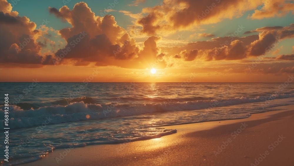 Fototapeta premium Sunset over the ocean with clouds and waves on the beach. Nature and landscape scene. The beauty of a tranquil sunset at the seaside.