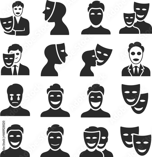 Theatrical Face Mask Silhouettes Showing Happy and Sad Emotions, Hidden Identity, Drama, and Dual Personality Icon Concepts