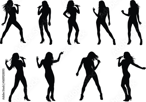 Silhouettes of female singers performing with microphones in various dynamic poses, dancing and singing on stage vector illustration.