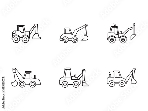 Outline Vector Set of Backhoe Loader Icons Construction Equipment Machinery Collection Heavy Equipment Vehicles for Building and Excavation Projects Minimalist Design