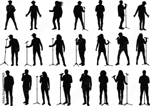 Silhouettes of diverse singers performing on stage with microphones, dynamic poses, vocalists in concert, music performance vector illustration.