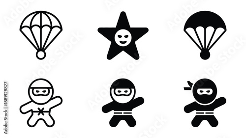 Playful Ninja Vector Icons: Parachute, Star, and Character Variations in Bold Black and White Line Art Styles for Game Design, App UI, and Branding.