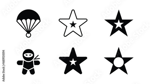 Simple Black and White Vector Icons: Parachute, Ninja, and Star Variations;  Bold Graphic Design Elements for Web or App Design;  Versatile, Minimalist Style.