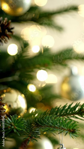 Slow push-in video, ECU vibrant evergreen branch with soft golden fairy lights, gold/silver baubles, pinecones, dreamy bokeh background, festive tranquility, home comfort