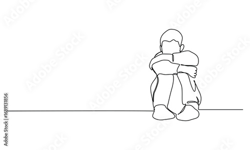continuous one line art of Kids are sitting sad vector illustration.
