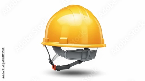 A glossy, yellow protective helmet floats against a white backdrop. It features an interior suspension system of grey and black straps and a chin strap