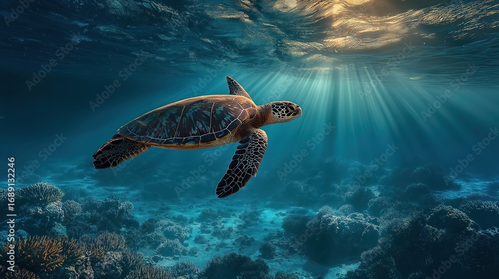 Obraz premium サンゴ礁の上を泳ぐウミガメと水中からの光線 | Sea Turtle Swimming Above a Coral Reef with Sunbeams Underwater