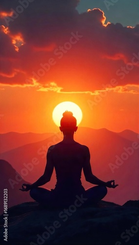 Silhouette of a meditating figure at sunset, conveying serenity and the pursuit of inner peace and spiritual enlightenment , spiritual journey, religious, higher power