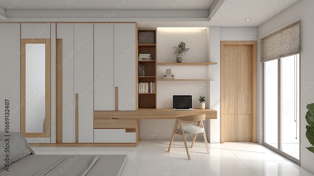 Fototapeta premium Clean lines, neutral colors, and focus on functionality and simplicity in minimalist interior design of modern bedroom with wooden wardrobe and desk in white room, wooden furniture adds natural organi