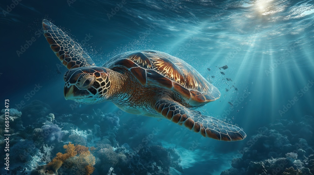 Fototapeta premium 太陽の光が差し込む美しい海中を泳ぐウミガメとサンゴ礁 | Sea turtle swimming in beautiful underwater with sun rays and coral reef
