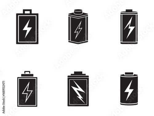 Set of black and white battery icons representing power energy and charge for electronic devices in minimalist design