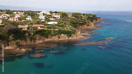 Drone Panorama Flying Over Picturesque Coastal Town with Colorful Houses on Sicily Island Italy