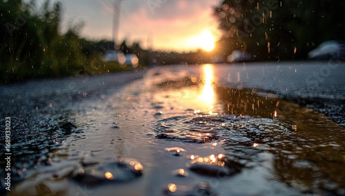 Sunset rain puddle close-up