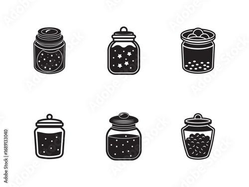 Set of Black and White Jam Jar Vector Icons for Kitchen Decor and Pantry Storage Solutions