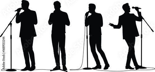 Silhouettes of Male Singers Performing with Microphones on Stage, Perfect Vector Illustration for Music, Concert, Performance, and Entertainment Designs