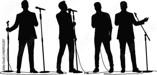 Silhouettes of Male Vocalists Performing with Microphones on Stage, Ideal Vector for Music, Singing, Concert, Performance, and Entertainment Designs