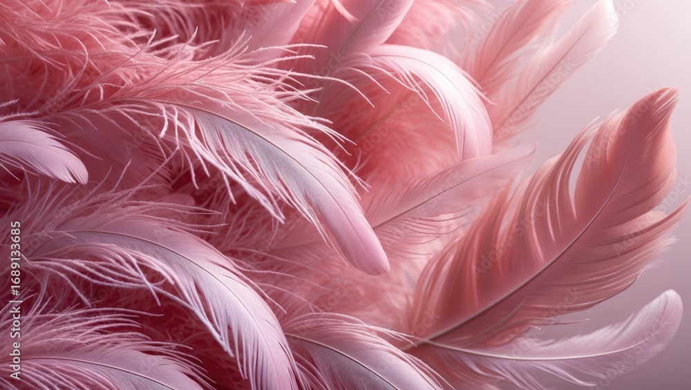 Fototapeta premium Close-up of pink feathers with soft lighting and delicate textures. Feather details and fluffy appearance. Decorative and elegant feather arrangement.