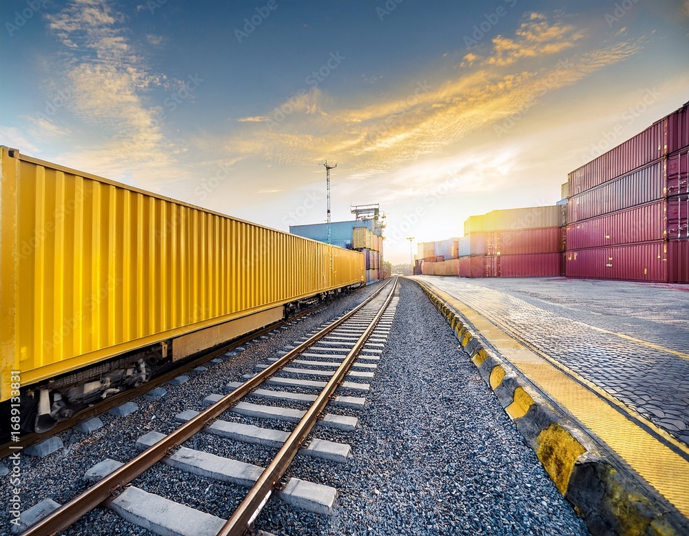 Fototapeta premium yellow cargo container on railway tracks at a busy port terminal global trade logistics concept