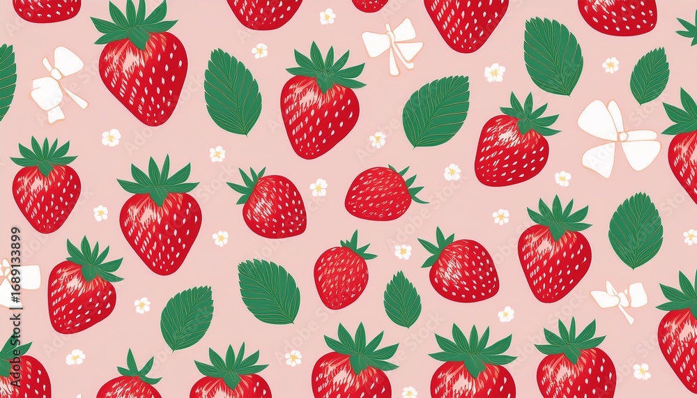 cute seamless pattern featuring red strawberries with green leaves and coquette bows on a pastel background ideal for fabric wallpaper and textiles