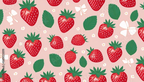 cute seamless pattern featuring red strawberries with green leaves and coquette bows on a pastel background ideal for fabric wallpaper and textiles