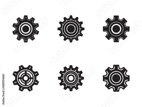 Set of black gear icons on white background depicting mechanical and industrial processes technology and engineering