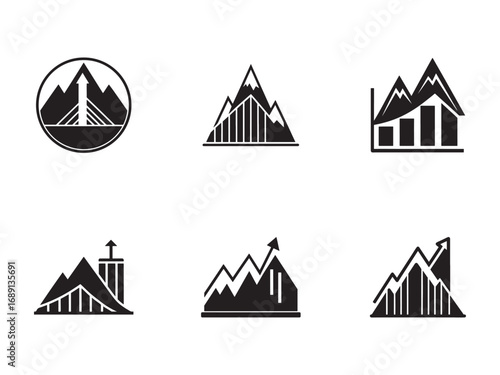 Set of Business Growth Icons with Upward Trends in Line Art Style Showcasing Success and Progress