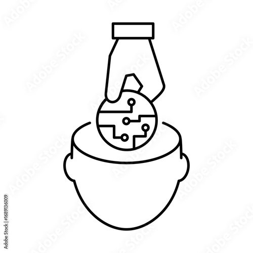 Brain chip implant technology line icon. Future of neurointerfaces and human-computer interaction. Neural implant technology enabling treating medical conditions and enhancing cognition. Vector