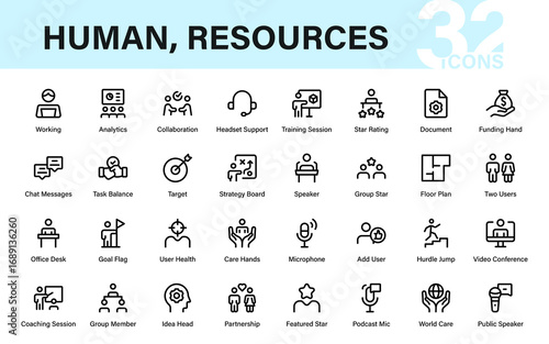 Professional workplace line icon set, modern business people and human resources vector collection with minimal outline creative corporate symbols