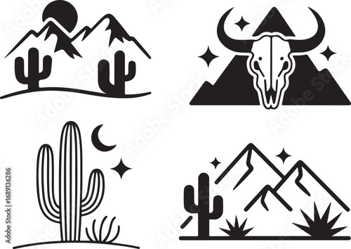Western Desert Landscape Silhouette Cactus Mountain Elements