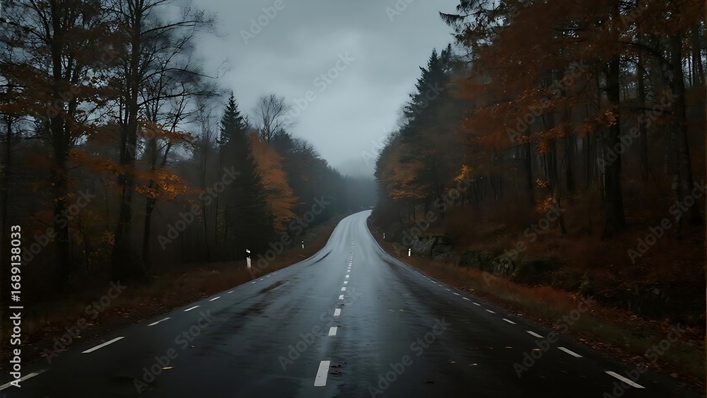 Fototapeta premium A moody and atmospheric photograph of an empty, winding road surrounded by trees in full autumn foliage.