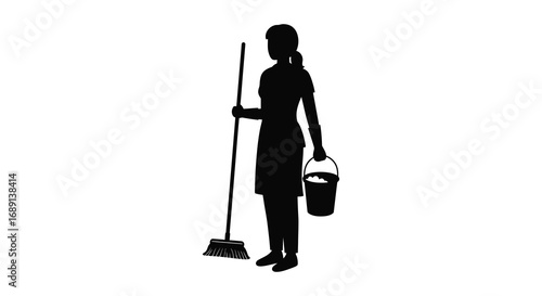a silhouette of a person holding cleaning tools