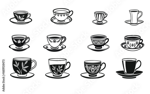 Wallpaper Mural Collection of vintage teacups and saucers in black and white vector art on white background Torontodigital.ca