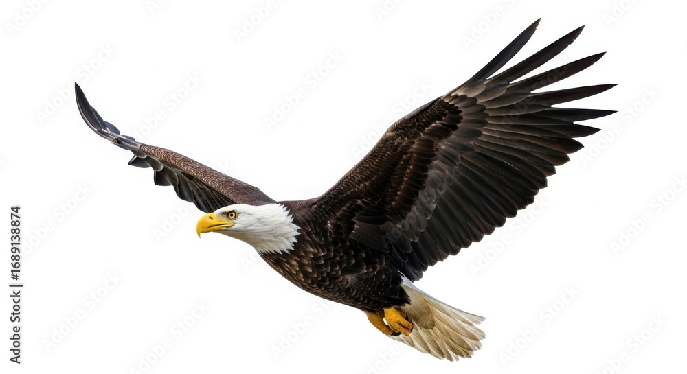 Obraz premium Majestic Bald Eagle Soaring Through the Sky with Wings Spread Wide