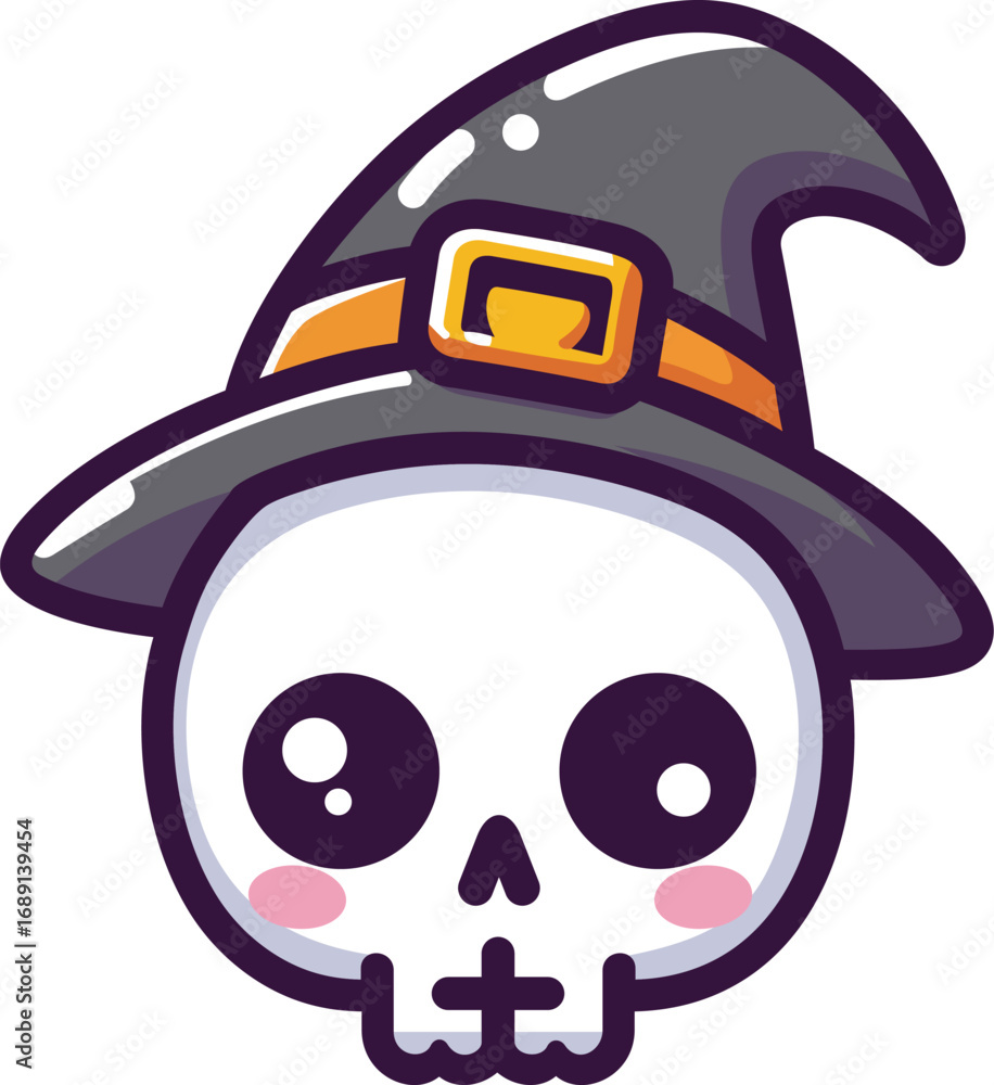 Fototapeta premium Halloween Cute Skull with Witch Hat Vector