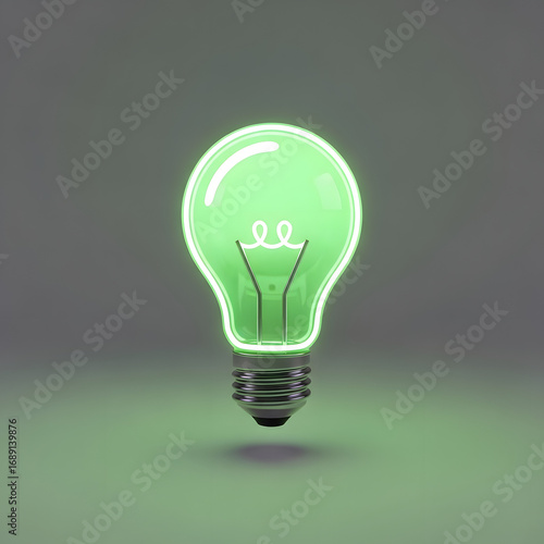 Green light bulb isolated on gray background, energy saving concept