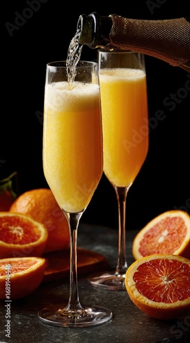 Effervescent orange juice being poured into two stemmed glasses with sliced citrus fruits on a dark surface and background