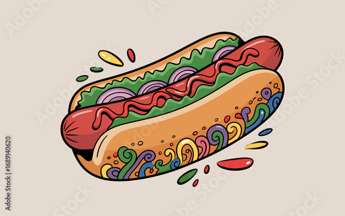 Delicious Hot Dog Illustration with Colorful Toppings and Swirls for Food Lovers and Culinary Art Enthusiasts