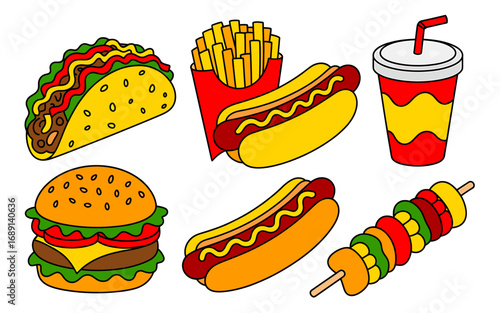 Cartoon Fast Food Feast A Colorful Illustration of Classic American Meals and Skewered Vegetables
