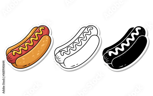 Hot Dog Cartoon Vector Illustration of Three Styles Colored Outline and Black and White Perfect for Fast Food and Meal Designs