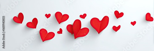 A horizontal design with many red paper hearts floating on a light background.