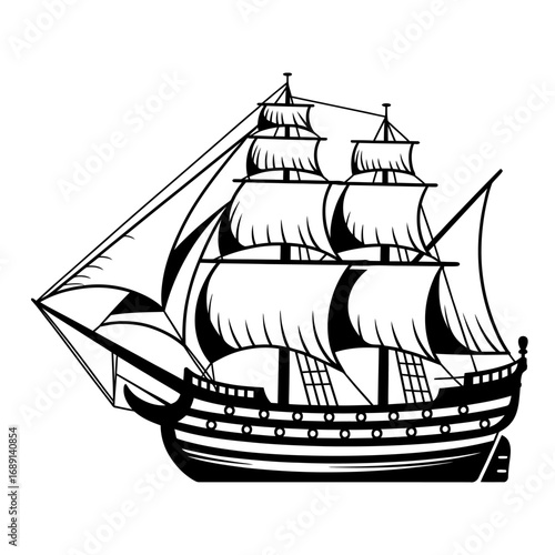 Detailed Black and White Illustration of a Classic Sailing Ship Clipper with Full Sails and Intricate Rigging on White Background