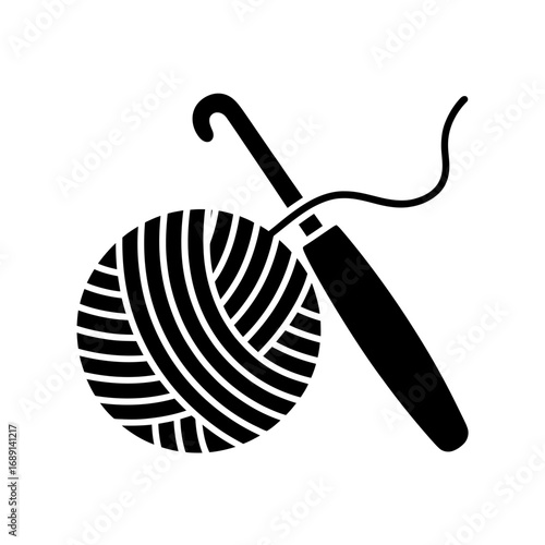 Crochet Hook and Yarn Ball Silhouette Isolated on White Background Craft Hobby Project Design Element Crochet Project Icon Vector Illustration