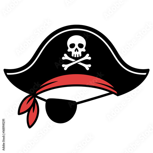 Pirate Captain Hat with Skull and Crossbones Eye Patch and Red Bandana Illustration for Kids and Halloween Party Themes