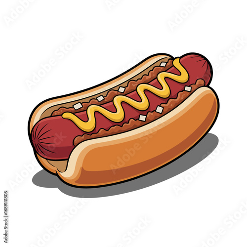 Cartoon Hot Dog Illustration with Mustard Chili and Onions Delicious Fast Food Treat for Menu Design and Marketing Materials