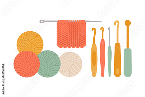 Crafting with Wool Balls Needle and Crochet Hooks in a Colorful Composition Perfect for Hobby Enthusiasts and Creative Projects